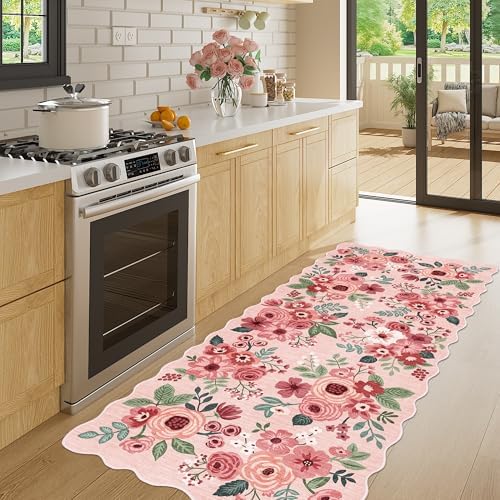 DUKINO 2x5 Washable Runner Rug, Floral Non Slip Rug for Kitchen, Pink - Image 3
