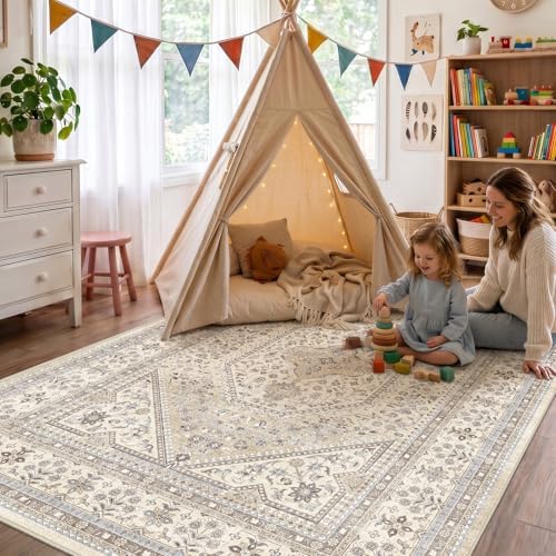 7x10 Washable Area Rug for Living Room - Non-Slip Vintage Rugs Beige Gray - Image 3
