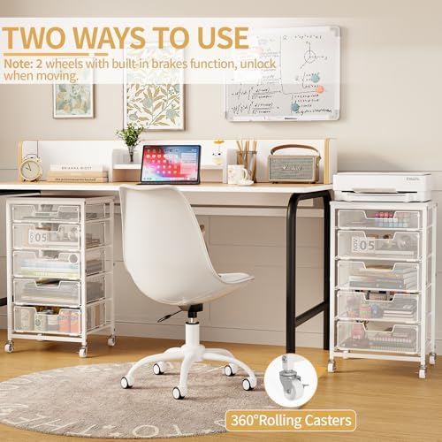 Sbanmao Utility Cart with 5 Drawers, Rolling Storage Cart with Wooden Tabletop and Lockable Wheels, Storage Drawer Cart with Drawers, Craft Cart for Bedroom, Classroom, Home, Office, White - Image 3