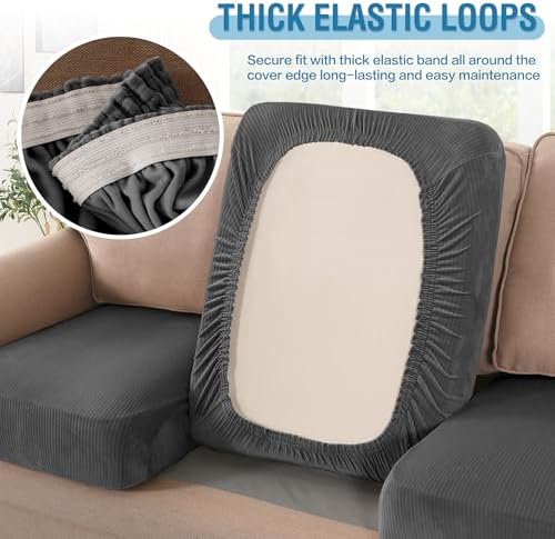 H.VERSAILTEX Velvet Stretch Couch Cushion Cover Plush Cushion Slipcover for Chair Loveseat Sofa Cushion Furniture Protector Seat Cushion Sofa Cover (3 Piece XL Sofa Cushion Covers, Grey Striped) - Image 6