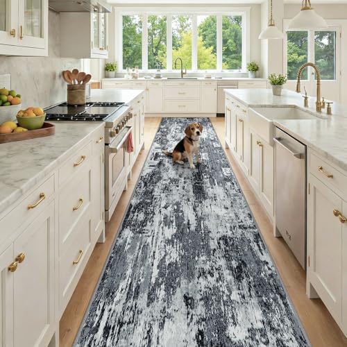 RELEANY Washable Runner 3'x12' Abstract Area Rug for Hallway Black White by RELEANY