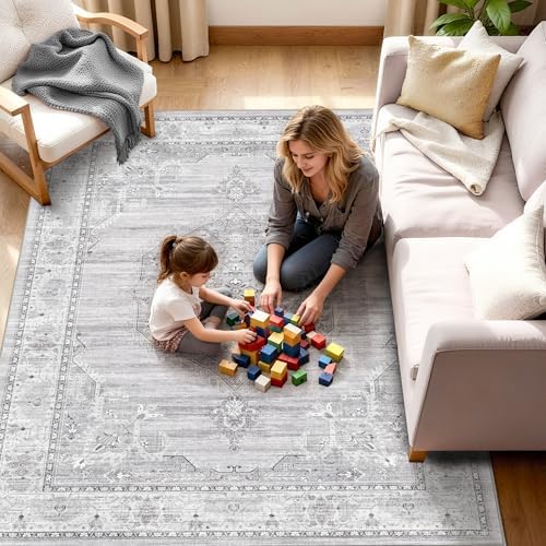 Washable Area Rugs 5x6 Entryway: Soft Ultra Thin Low Pile Mat Machine Washable Indoor Doormat Lightweight Entry Rug Anti Slip Backing Rugs for Living Room Bedroom Kitchen 5'x6' Light Grey - Image 2