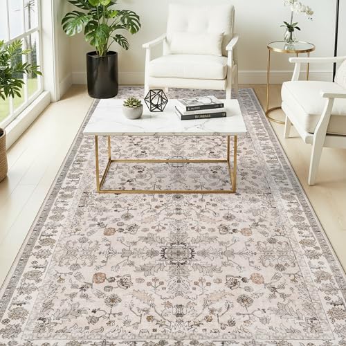 4x8 Rug Washable for Entryway Kitchen – Non-Slip Rubber Backed Area Rug for Hallway Bedroom Living Room Office,Boho Floral Low Pile Thin Floor Indoor Mat (Beige,4x8) - Image 3