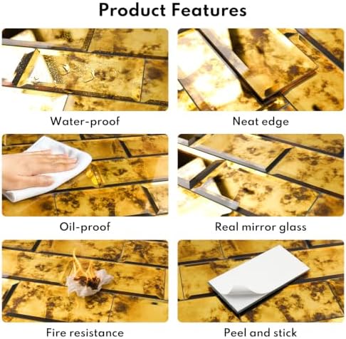 Lovdeco Peel & Stick Gold Antique Mirror Tile 3x6 Inch Beveled (40 Pcs) - Image 4