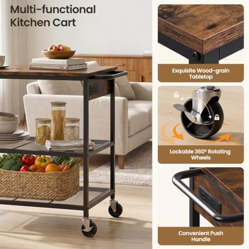 Rolling Kitchen Island with Storage, 3 Tier Kitchen Island Cart with Wheels,Wood Large Worktop, Storage Shelves, Lockable Casters, Power Outlet, Push Handle for Kitchen Dining Room - Image 7