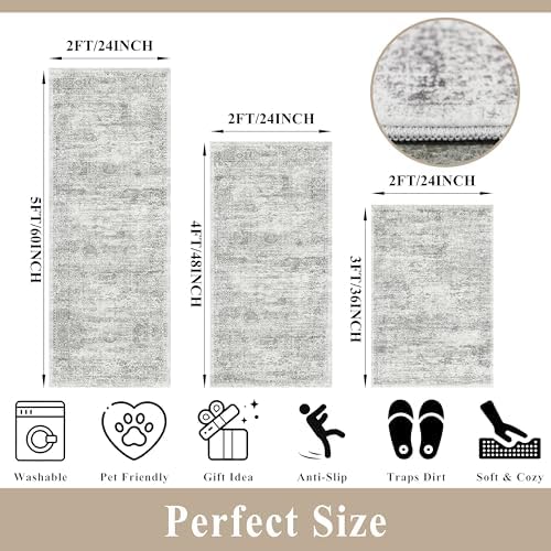 Washable Non-Slip 3 Piece Kitchen Rugs Set – Modern Boho Low-Pile Area Rugs and Runner for Entryway Bathroom Hallway – Decorative Small Indoor Rugs (Grey Ivory, 2x3+2x4+2x5) - Image 2