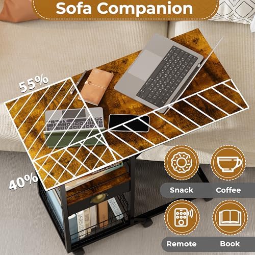 Rolling Coffee Table with Oversized Double-Wide Wood Top, Mobile Tv Tray with Storage Drawer and Wheels for Sofa, Portable Side Table for Living Room, Home Office, Spacious Desk for Working Studying - Image 5