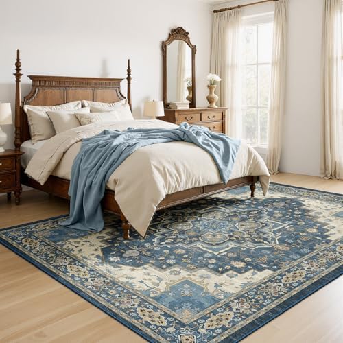 AMADA HOMEFURNISHING 8x10 Area Rug for Living Room, Vintage Washable Area Rug Low-Pile & Non-Slip Carpet for Bedroom Dining Room Nursery Home Office, Navy Blue/Beige - Image 3