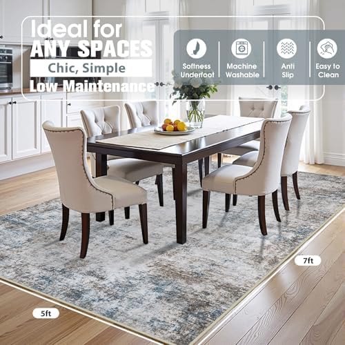 5x7 Area Rugs for Living Room Washable Bedroom Dining Room Brown Blue - Image 2