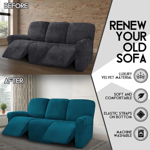 ULTICOR Velvet 8-Pieces Recliner Sofa Covers Stretch Reclining Couch Covers for 3 Cushion Reclining Sofa Slipcovers Furniture Covers Thick Soft Washable (3 Seater Recliner Cover, Deep Teal) - Image 5