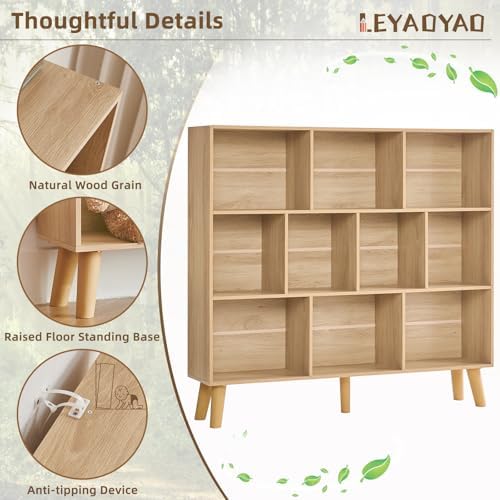 LEYAOYAO 10 Cube Bookshelf,Mid-Century Modern Bookcase with Legs,Light Wood - Image 5