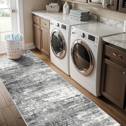 Washable 2x5 Kitchen Area Rug: Non-Slip Abstract Water-Resistant Entryway Rug Soft Sink Fridge Area Bedroom Carpet Low Pile Floor Mat for Bathroom Laundry Nursery Non-Shedding Runner(2X5,Black/Grey) - Image 5