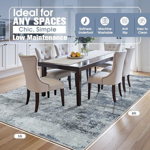 5x8 Area Rugs for Living Room Washable Bedroom Dining Room Blue Grey - Image 2