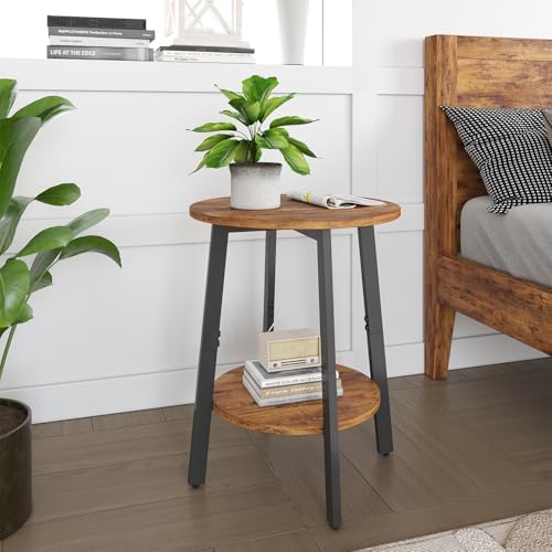 sthmec Side Table, Small Round End Table with Storage Shelf for Small Space, 2-Tier Bedside Table Sofa Couch Table, Round Accent Table Nighstands for Living Room, Bedroom, Rustic Brown - Image 2