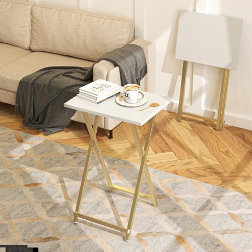 Acovy Foldable TV Trays, Small Folding Table, TV Trays Set of 2, TV Dinner Tray, Side Table for Bed, Couch, Portable Easy to Move, White & Gold - Image 4