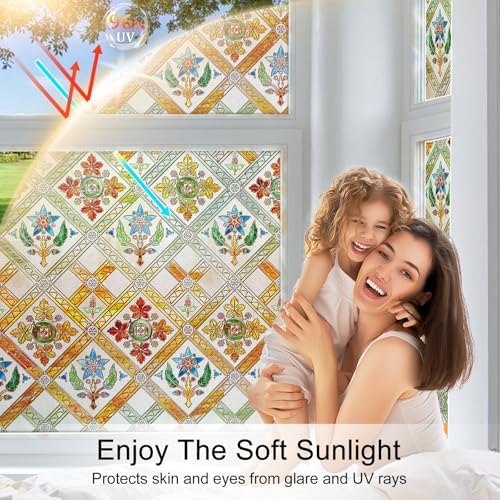 Coavas Stained Glass Window Film Decorative Privacy Cling for Home Bathroom & Front Door, 3D Floral Design, UV Blocking, Heat Control, Non-Adhesive, Reusable, Yellow, 17.5" x 39.4" - Image 6