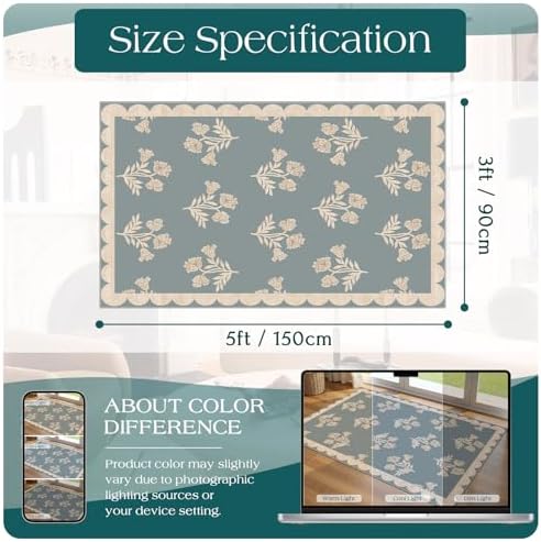 3x5 Floral Entry Rug - Small Washable Indoor Outdoor Mats for Front Door Non-Slip Porch Rug Blue Boho Farmhouse Scalloped Throw Rugs for Living Room Bedroom Entryway Kitchen Office Porch Decor - Image 2