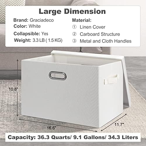 Graciadeco Large 17" 36 Quart Collapsible Stackable Storage Bins with Lids, 1 Pack White Foldable Fabric Closet Storage Boxes with Lids, 4 Handles Heavy-duty Linen Cube Baskets for Bedroom - Image 2