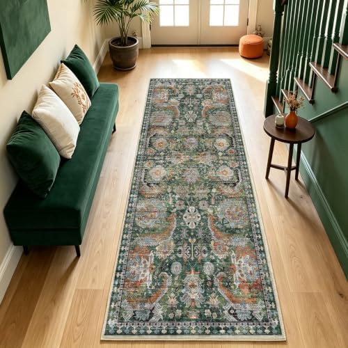 RUGSURE Washable Area Rugs - Perfect for Living Room, Bedroom, Kids Room, Nursery - Stain & Water Resistant Non-Slip, Pet & Child Friendly, Vintage Tribal Area Rugs (Green, 2'6'' x 8') - Image 2