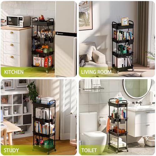 Sorgion 4 Tier Rolling Cart Organizer,Art Craft Diaper Bedside Snack Laundry Room Bathroom Organizer Narrow Thin Slim Rolling Trolley Utility Cart with Wheels for Kitchen,Office(Black) - Image 6
