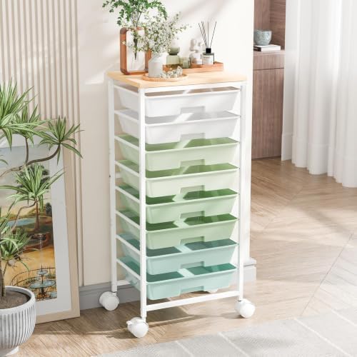 Ekisemio Utility Cart Organizers with Wheels and 8 Drawers, Little Rolling Craft Cart with Wooden Tabletop for Classroom, Office, Living Room, Craft Room, Green by Ekisemio
