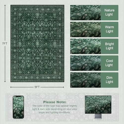 5x7 Area Rugs Living Room: Washable Rug for Bedroom Deep Green - Image 2