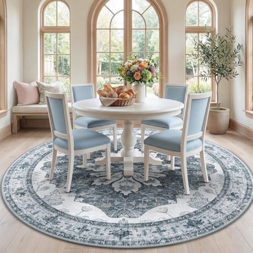 RELEANY Washable Area Rug, Round 7ft, Grey/White/Beige by RELEANY