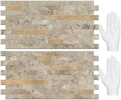 STICKGOO 20 Sheets Peel and Stick Backsplash Tile, Stick on Backsplash for Kitchen and Bathroom, Stone Beige Marble Look PVC Mixed Metal Gold Self Adhesive Wall Tiles by STICKGOO
