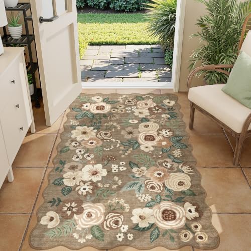 DUKINO 3x5 Area Rugs Non Slip Floral Washable Rug for Bedroom, Light Taupe by DUKINO