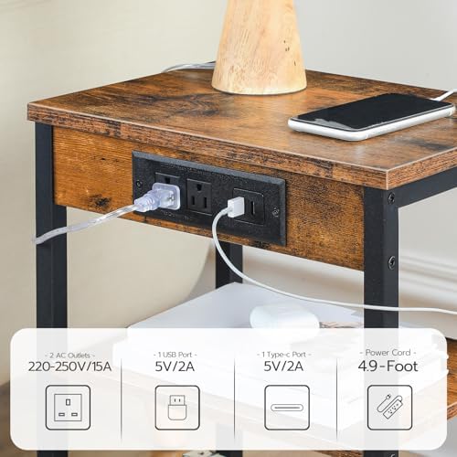HOOBRO Side Table with Charging Station and USB Port, Small End Table for Small Space, 3-Tier Nightstand with Adjustable Shelf, for Living Room, Bedroom, Rustic Brown BF112BZ01 - Image 4