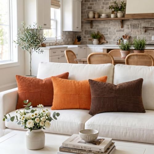 Fancy Homi 2 Packs Burnt Orange Lumbar Decorative Throw Pillow Covers 14x24 Inch for Couch Bed Sofa, Farmhouse Boho Home Decor, Soft Striped Corduroy Rectangle Accent Cushion Case 35x60 cm - Image 2