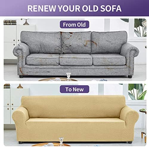 Joccun Stretch Couch Cover Slipcovers, 1-Piece Sofa Covers for 3 Cushion Couch Spandex Jacquard Washable Furniture Protector Cover for Living Room,Kids,Pets(Sofa,Champagne) - Image 6