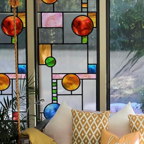 Original Hand Drawn Faux Stained Glass Window Film, Double-Sided Texture Static Film, Vibrant Geometry Patterns Inspired by Avery Coonley Playhouse, See Through 22.83"X114.17" by ChicSkin