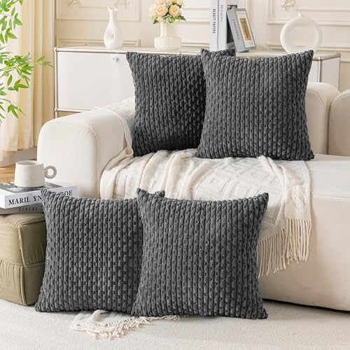 Set of 4 Dark Grey Decorative Throw Pillow Covers 16x16 Inch Corduroy Pillow Covers for Bed Couch Sofa Living Room Soft Square Cushion Cases by Cozoomy