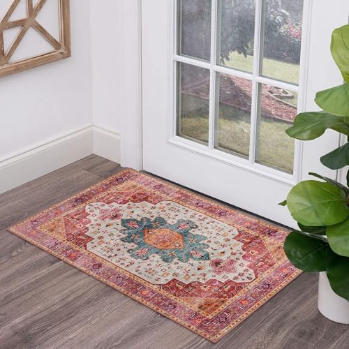 Moynesa Ultra-Thin Washable Runner Rug - Pink 2x4 Bedroom Bathroom Rug Runner Non-Slip Kitchen Rugs, Vintage Stain Resistance Low Pile Entryway Carpet Runner for Hallway Laundry Room - Image 7
