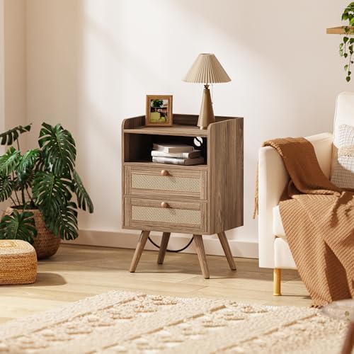 SUPERJARE Night Stand with Charger Station, Boho Rattan Nightstand Set of 2 - Image 2