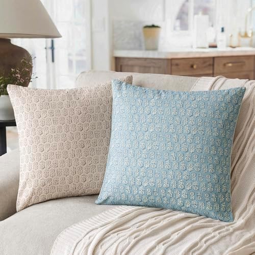 Foindtower Decorative Floral Print Throw Pillow Covers 18×18 Inch,Sky Blue - Image 4