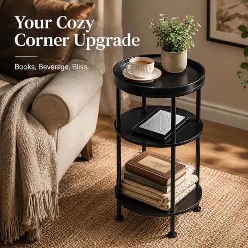 Small Round Side Table with Tray Top, 11.8" Narrow End Table, Black - Image 5