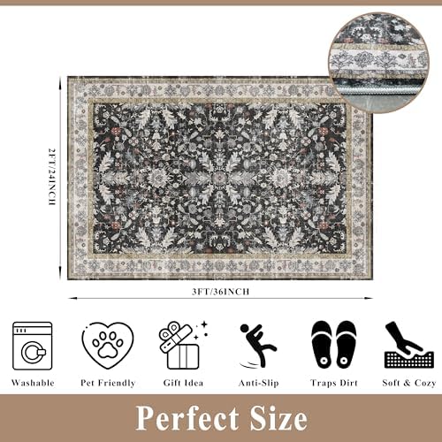 2x3 Rug Non-Slip Washable for Kitchen – Boho Small Throw Rug for Sink & Entryway, Soft Low Pile Thin Indoor Mat for Pet Area & Bathroom (Black, 2x3) - Image 2