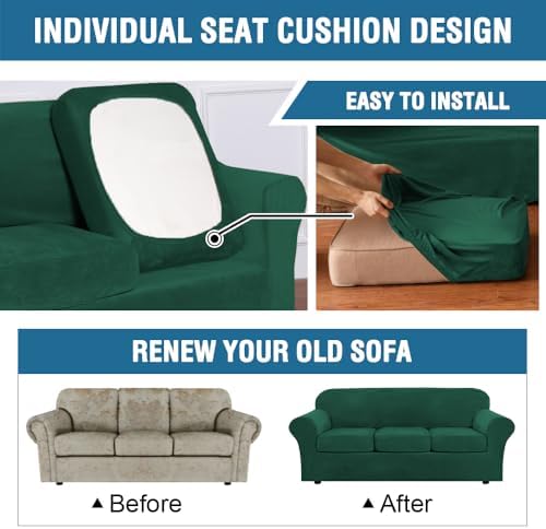 H.VERSAILTEX Modern Velvet Plush 4 Piece High Stretch Sofa Slipcover Furniture Protector Form Fit Velvet Extra Large Sofa Cover for 3 Cushion Couch Width Up to 105 Inch(XL Sofa, Vintage Green) - Image 6