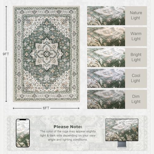 6x9 Area Rugs Living Room: Washable Rug for Bedroom Green Ivory - Image 2