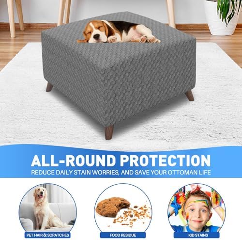 MAXIJIN Jacquard Ottoman Cover Slipcovers Folding Storage Stool Furniture Protector Cover Soft Thick Rectangle Foot Rest Slipcover with Elastic Bottom (Ottoman Large, Light Gray) - Image 2