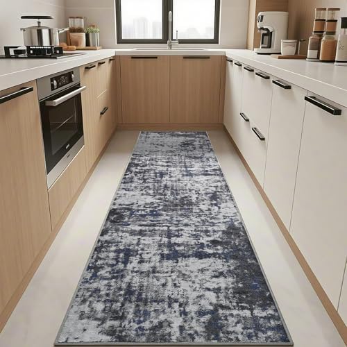 2x8 Washable Runner Rug Non Slip Runners for Hallways, Kitchen Soft Stain Resistant Floor Carpet with Rubber Backing Abstract Rugs for Entryway, Bedroom, Bathroom, Laundry Room, Dark Grey Blue - Image 6