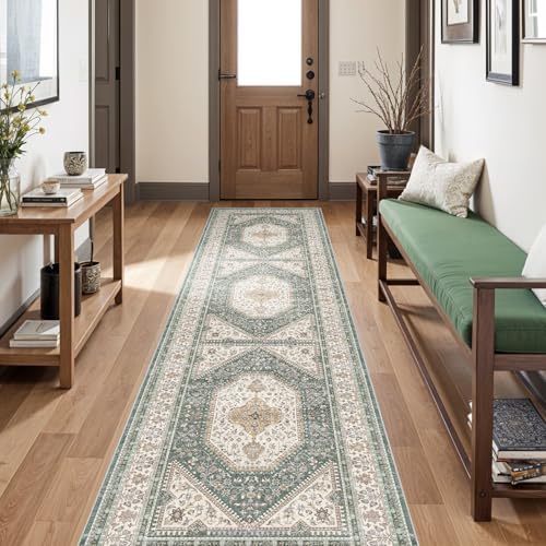 3x10 Washable Hallway Runner Rug - Non-Slip Wide Vintage Rugs Green Beige - Image 2
