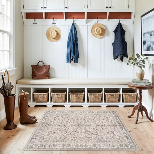 3x4 Entryway Rug Washable Non-Slip–Boho Floral Stain-Resistant Small Area Rug for Kitchen Bedroom Bathroom – Soft Low-Pile Thin Indoor Door Mat (Beige,3x4) by BYYVOORugsforYourHome