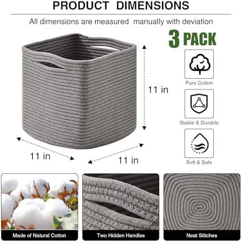 11 Inch Cube Storage Bins, 11x11 Organizer Bins for Cube Organizer, Square Cloth Storage Cubes, Woven Storage Baskets for Shelves, Toy Rope Baskets Storage Kids, Grey (Pack of 3) - Image 2