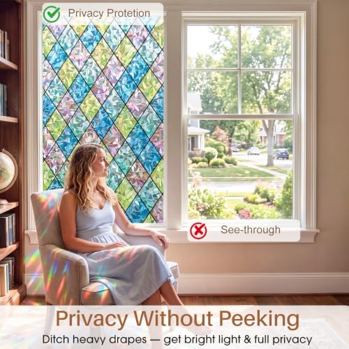 Sunbaby Stained Glass Winodw Film, Rainbow Lattice Stickers, 23.6"x78.7" - Image 3