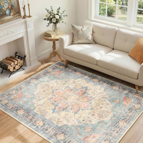 RELEANY Washable Area Rug, 4'x6', Blue/Orange/Red - Image 2