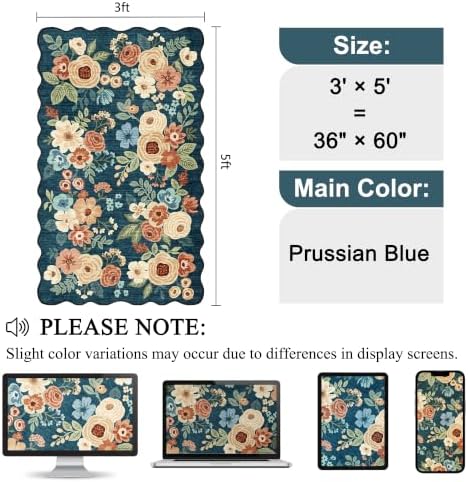 DUKINO 3x5 Area Rugs Non Slip Floral Washable Rug for Bedroom Prussian Blue - Image 2