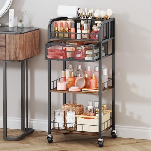 HapiRm Makeup Organizer Storage Cart - 4 Tier Skincare Make Up Storage with Drawer, Rolling Makeup Cart Vanity Organizer Cosmetics Display Cases Holder for Skin Care Perfume Nail Polish Brush - Image 2